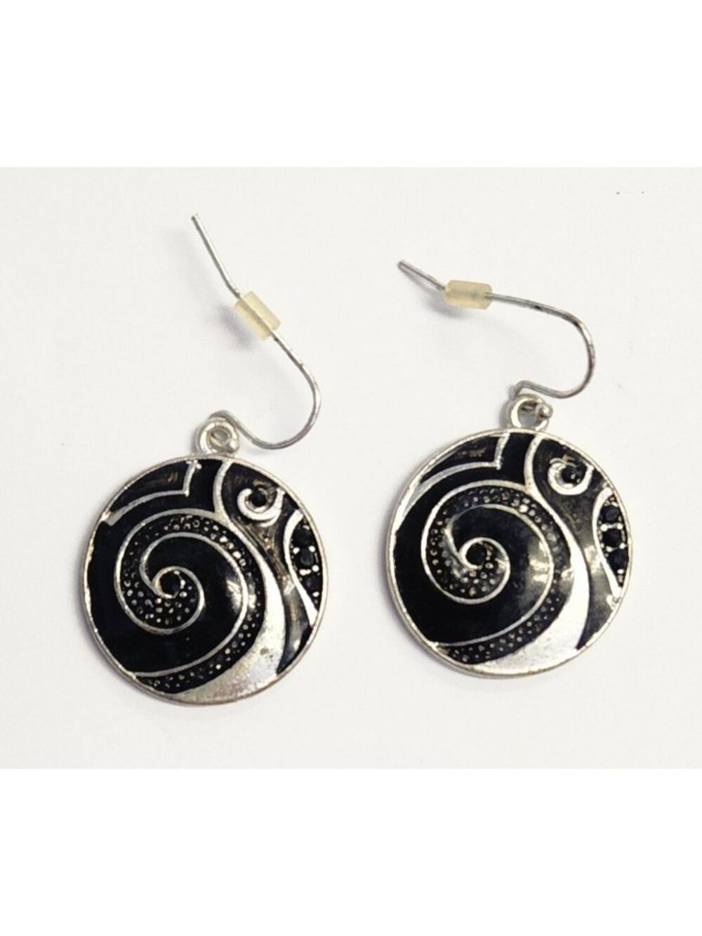 Silver & Black Spiral Dangle Earrings Modern Design Round Shape Hook